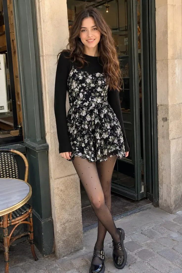 Woman in a floral dress and polka dot tights standing outdoors