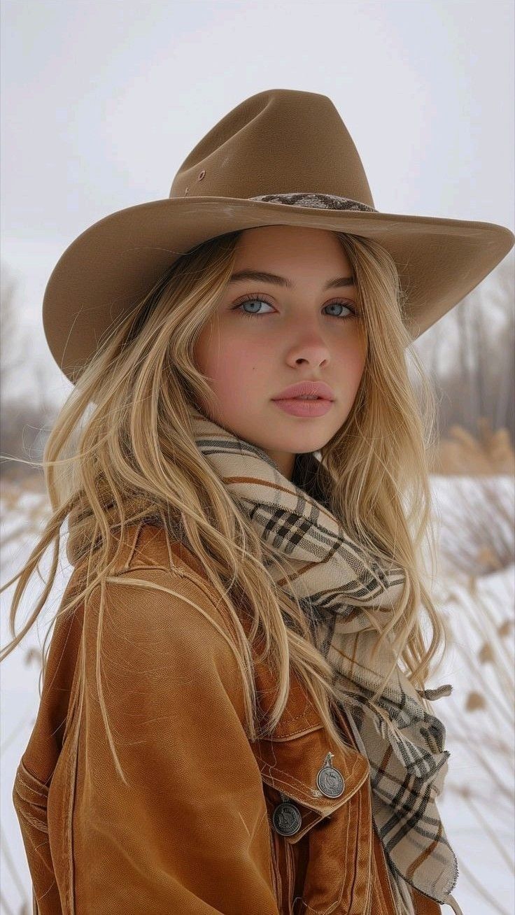 Woman with blonde hair and blue eyes wearing a cowboy hat and plaid scarf outdoors