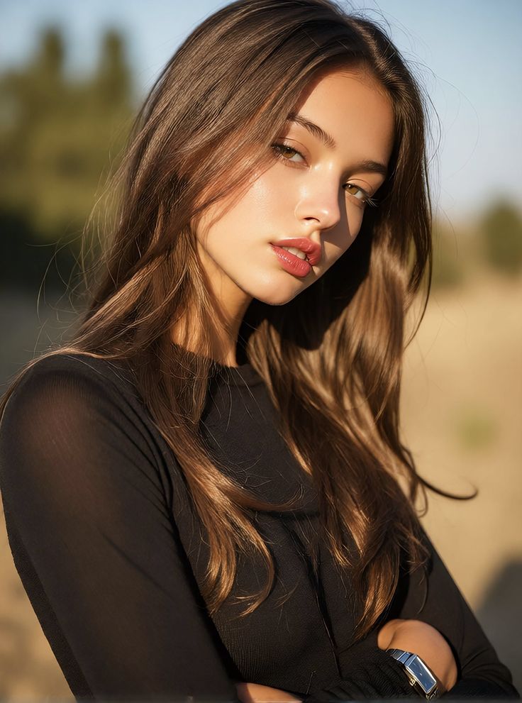 Woman with long brown hair in a black top outdoors during golden hour