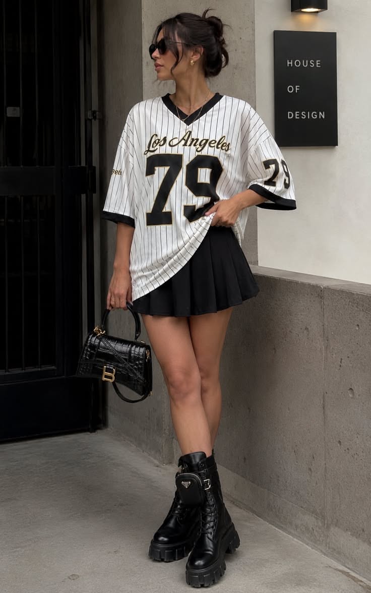 Woman in a baseball jersey, pleated skirt, and combat boots posing outdoors