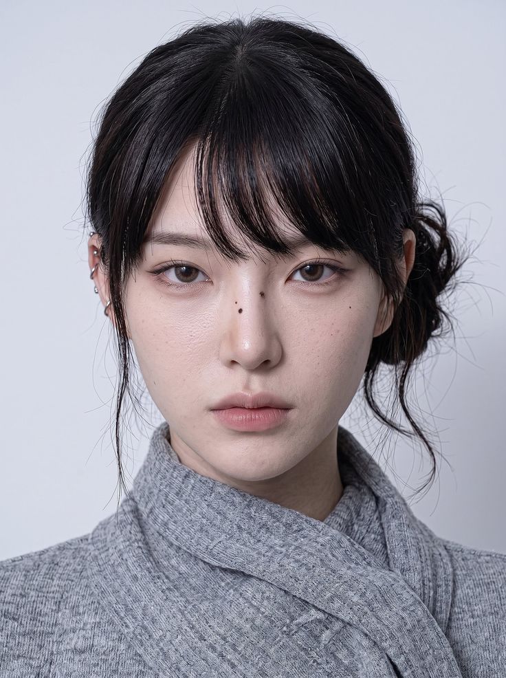 Woman with black hair in a messy bun and bangs wearing a gray top