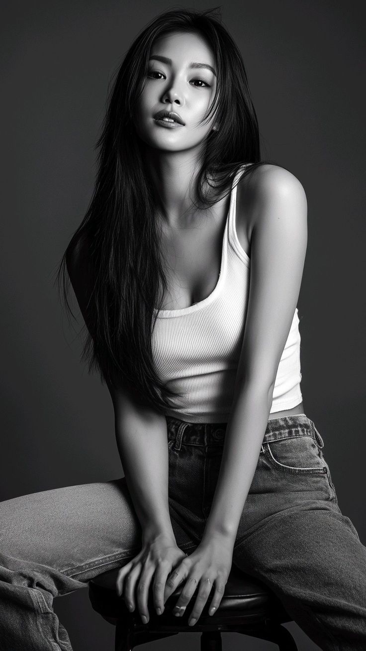 Woman in a white tank top and jeans sitting in a studio, black and white photo