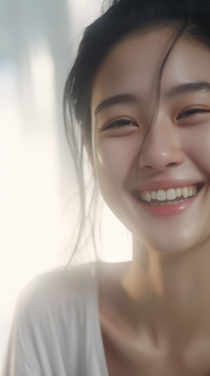 Close up portrait of a smiling woman with black hair and soft lighting