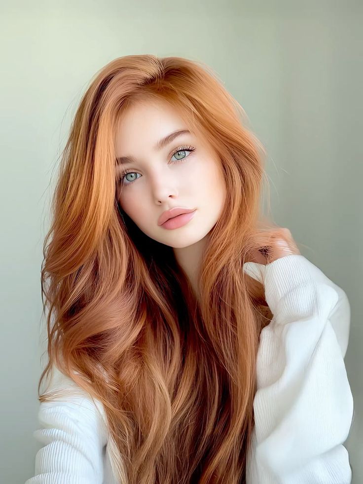 Woman with long red hair and green eyes wearing a white sweater