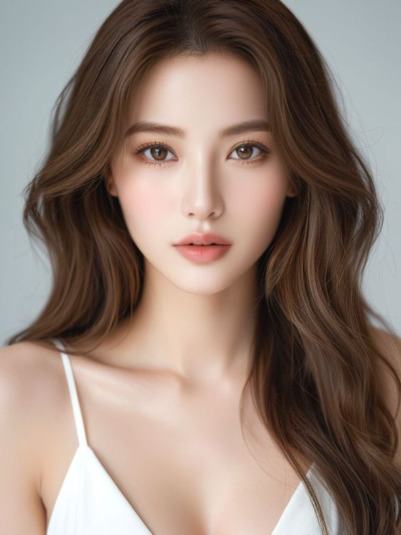Woman with long brown hair wearing a white top, looking directly at the viewer