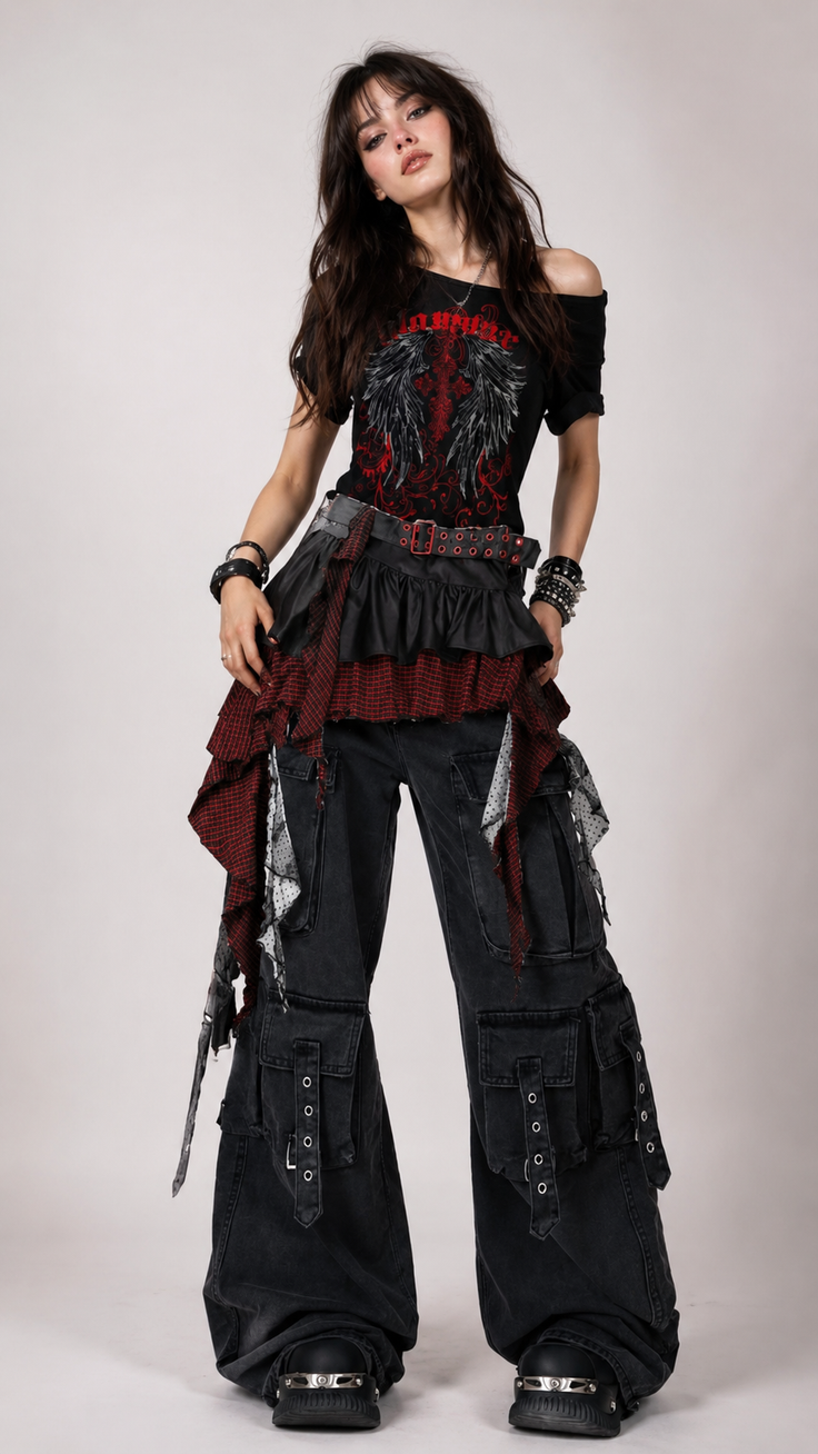 Woman in gothic fashion with an off-shoulder top and cargo pants in a studio