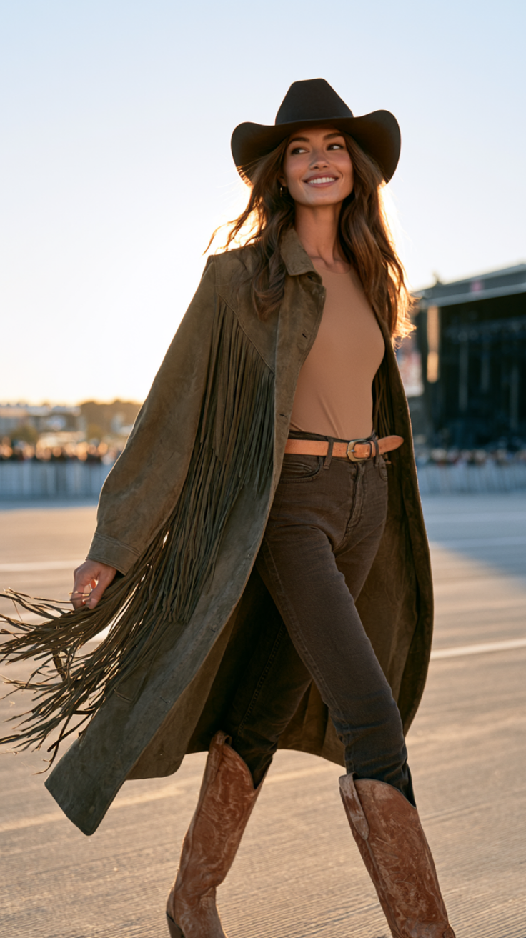 Woman in a cowboy hat and fringe jacket walking outdoors at golden hour