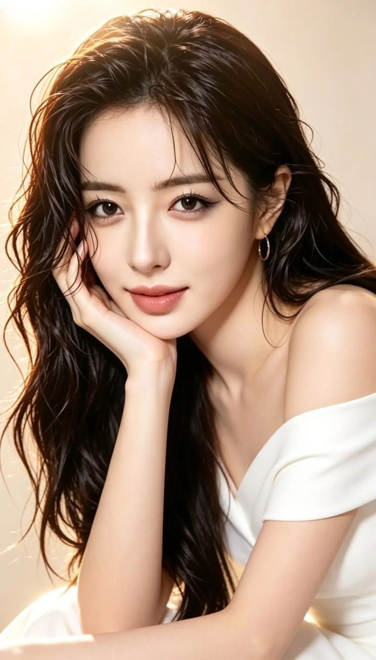 Woman with long dark hair in a white off-shoulder dress, resting her chin on her hand