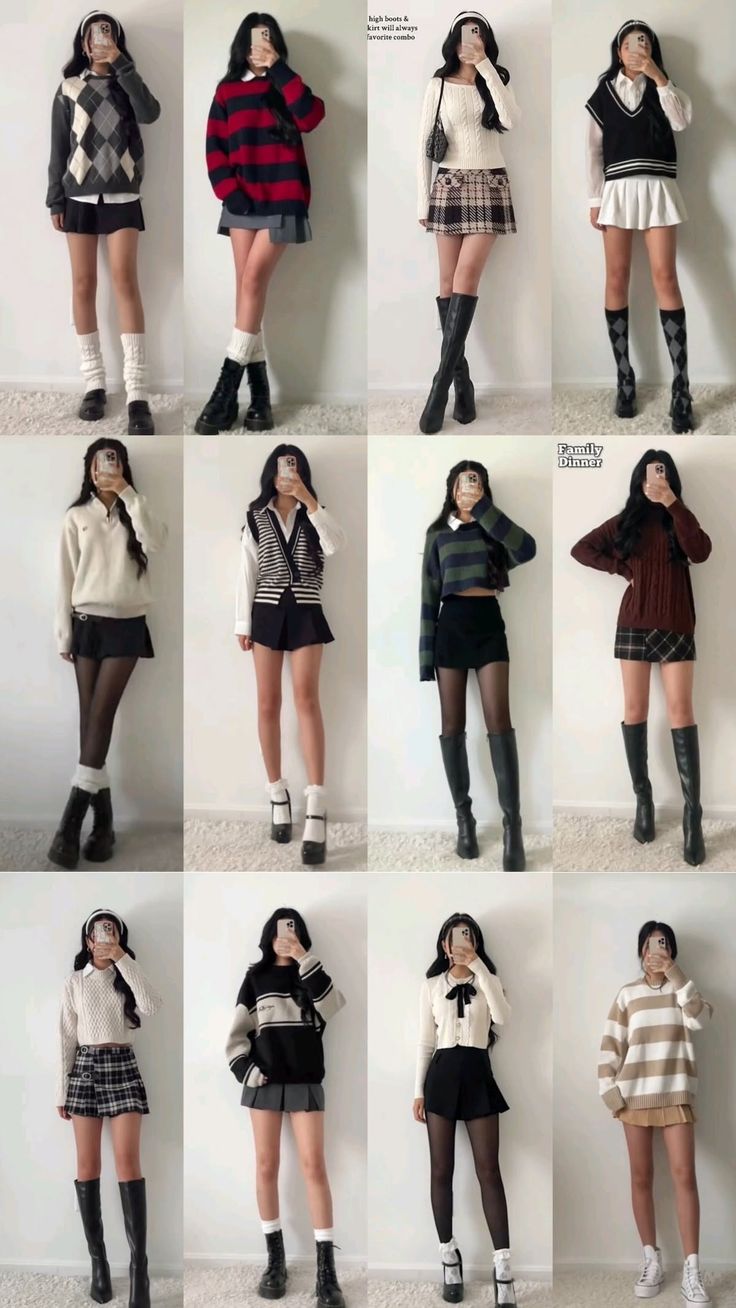 Multiple women showcasing different casual outfits with skirts and sweaters