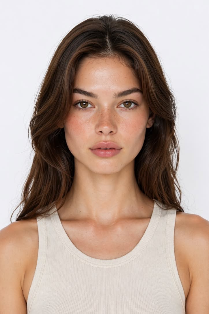 Woman with long brown hair and freckles wearing a tank top