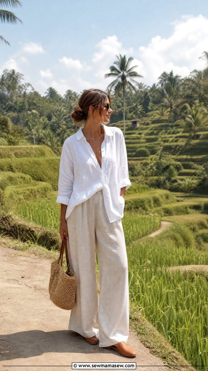 Woman in a white shirt and wide leg pants standing in front of rice terraces