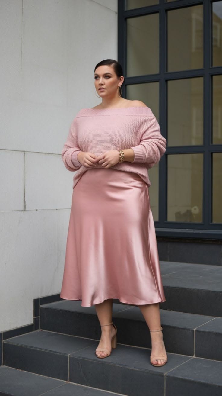 Woman in a pink off-shoulder sweater and satin skirt standing on steps