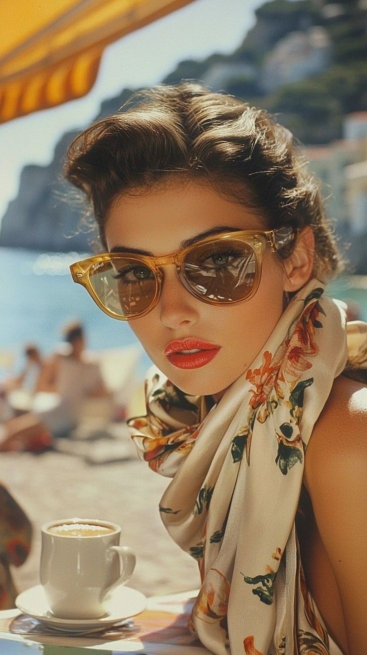 Woman in sunglasses and a floral scarf at a beachside cafe