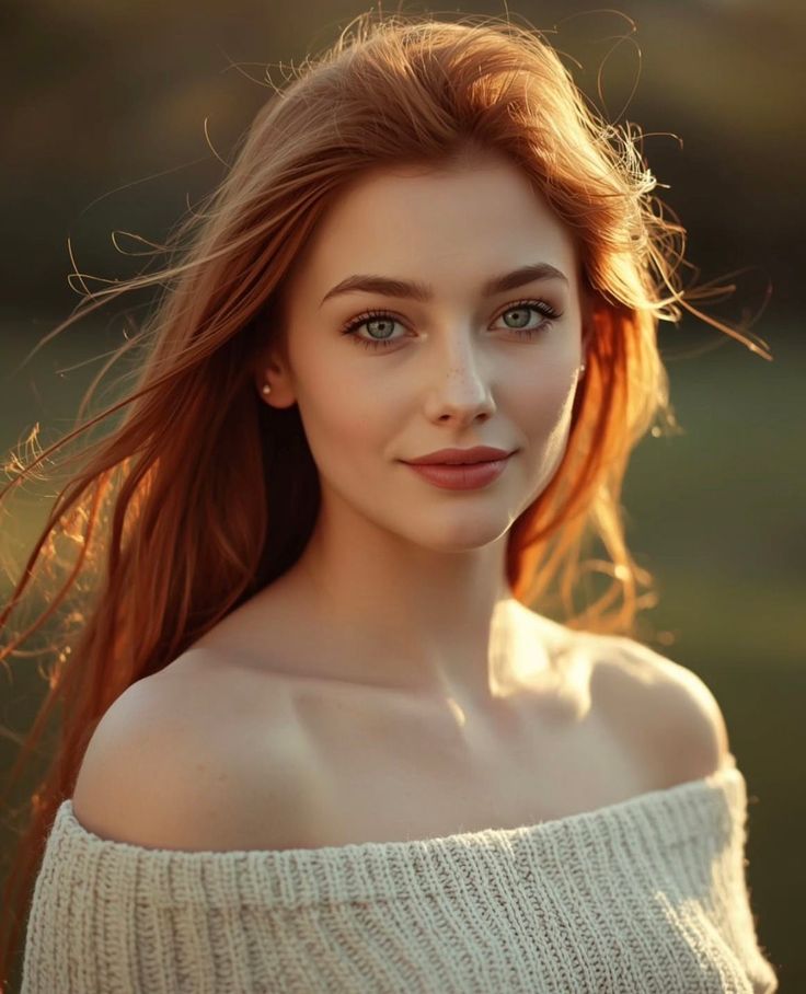 Woman with long red hair and blue eyes in an off-shoulder sweater at golden hour