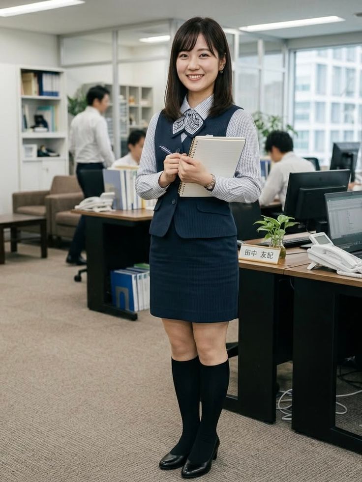 Woman in an office uniform smiling and holding a notebook in an office setting