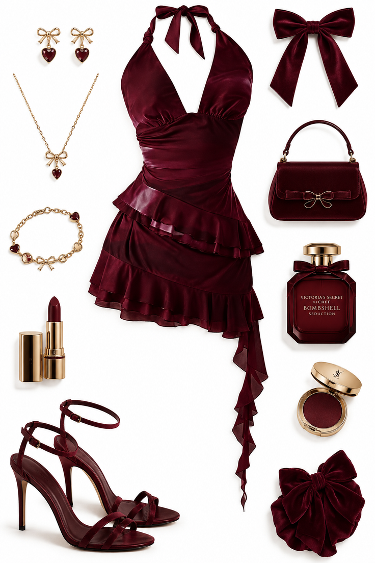 Collection of burgundy fashion accessories and cosmetics on a white background
