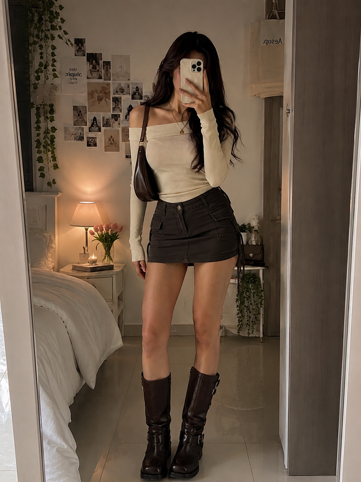 Woman in an off-shoulder top and mini skirt taking a mirror selfie indoors
