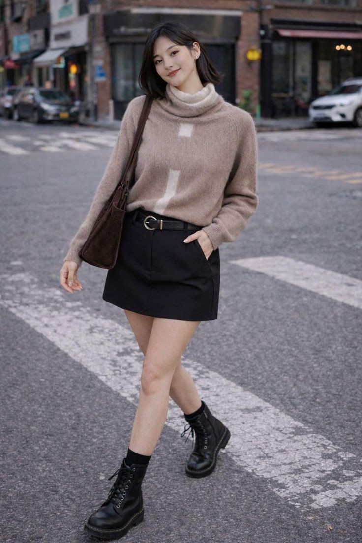 Woman in a turtleneck sweater and mini skirt walking on a street crosswalk