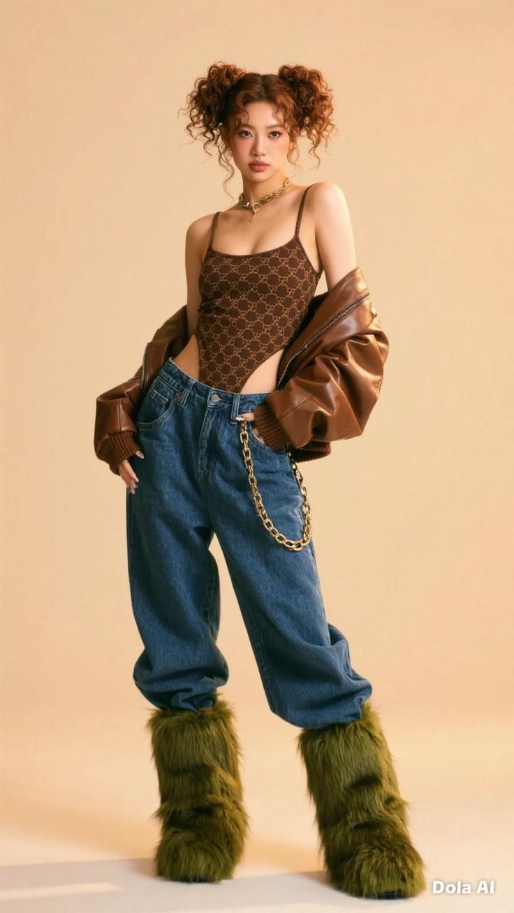 Woman with curly pigtails wearing a brown jacket, jeans, and furry boots