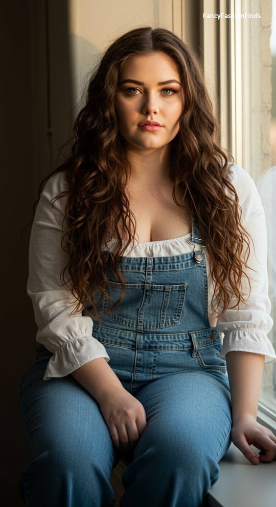 Woman with long wavy hair wearing denim overalls and a white blouse indoors