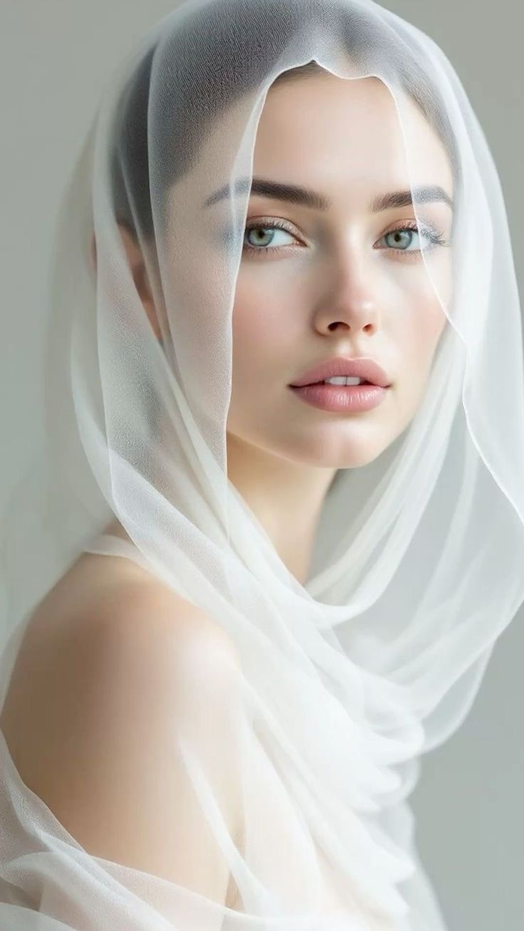 Woman with green eyes partially covered by sheer white fabric