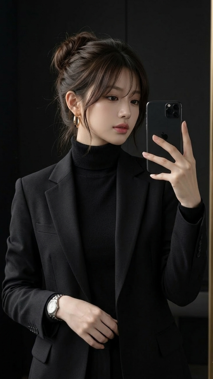 Woman in a black suit and turtleneck taking a mirror selfie