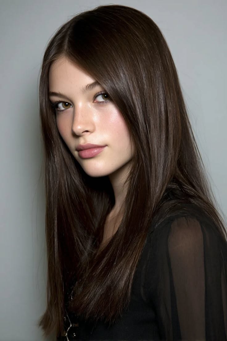 Woman with long dark hair wearing a sheer top, looking at the camera