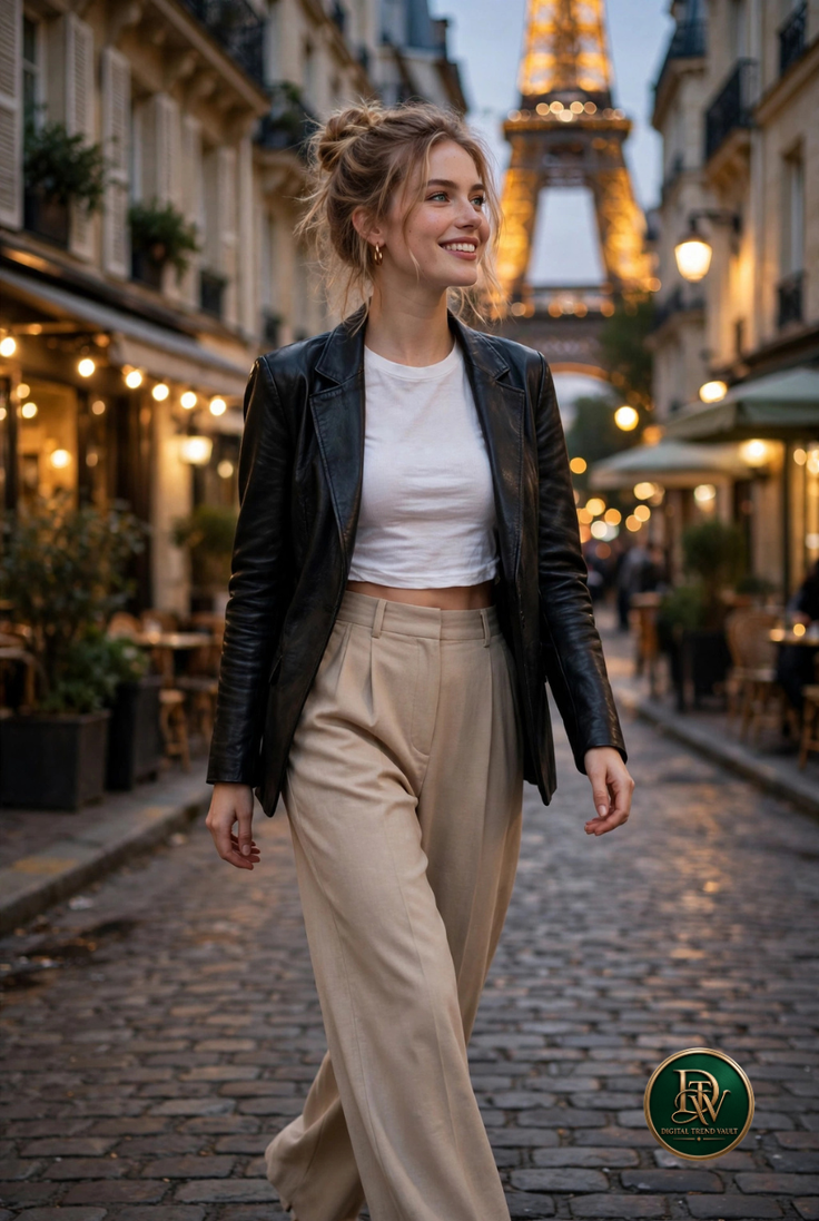 Woman in a leather jacket and crop top walking on a cobblestone street at night