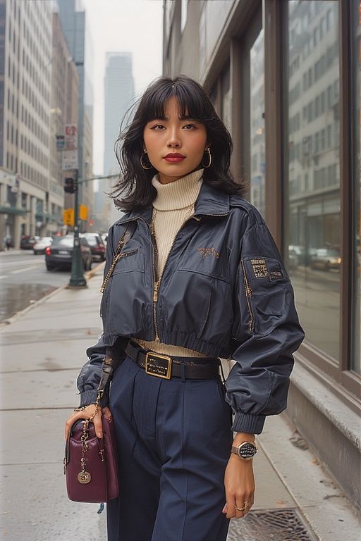 Woman in a cropped jacket and turtleneck on a city street