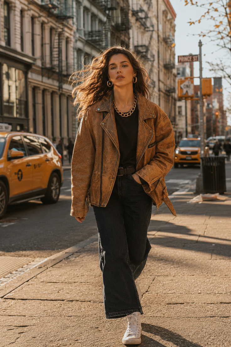 Woman in a brown leather jacket and jeans walking on a city street at golden hour