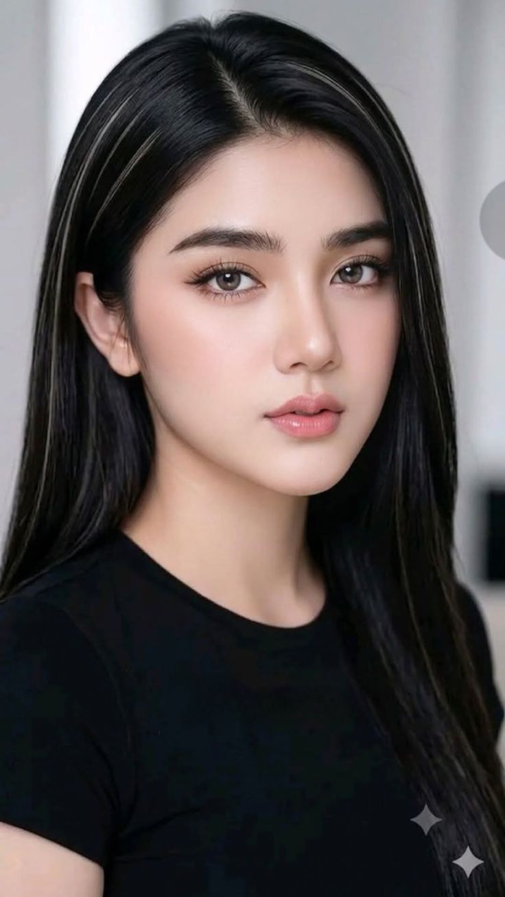 Woman with long black hair and light eyes wearing a black shirt
