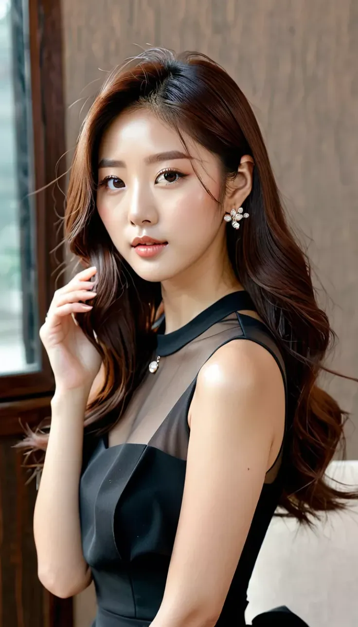 Woman with long brown hair wearing a black dress with sheer fabric and earrings