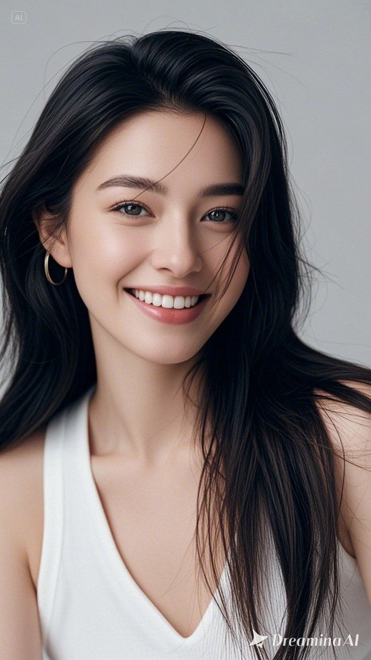 Smiling woman with long dark hair and hoop earrings in a white tank top