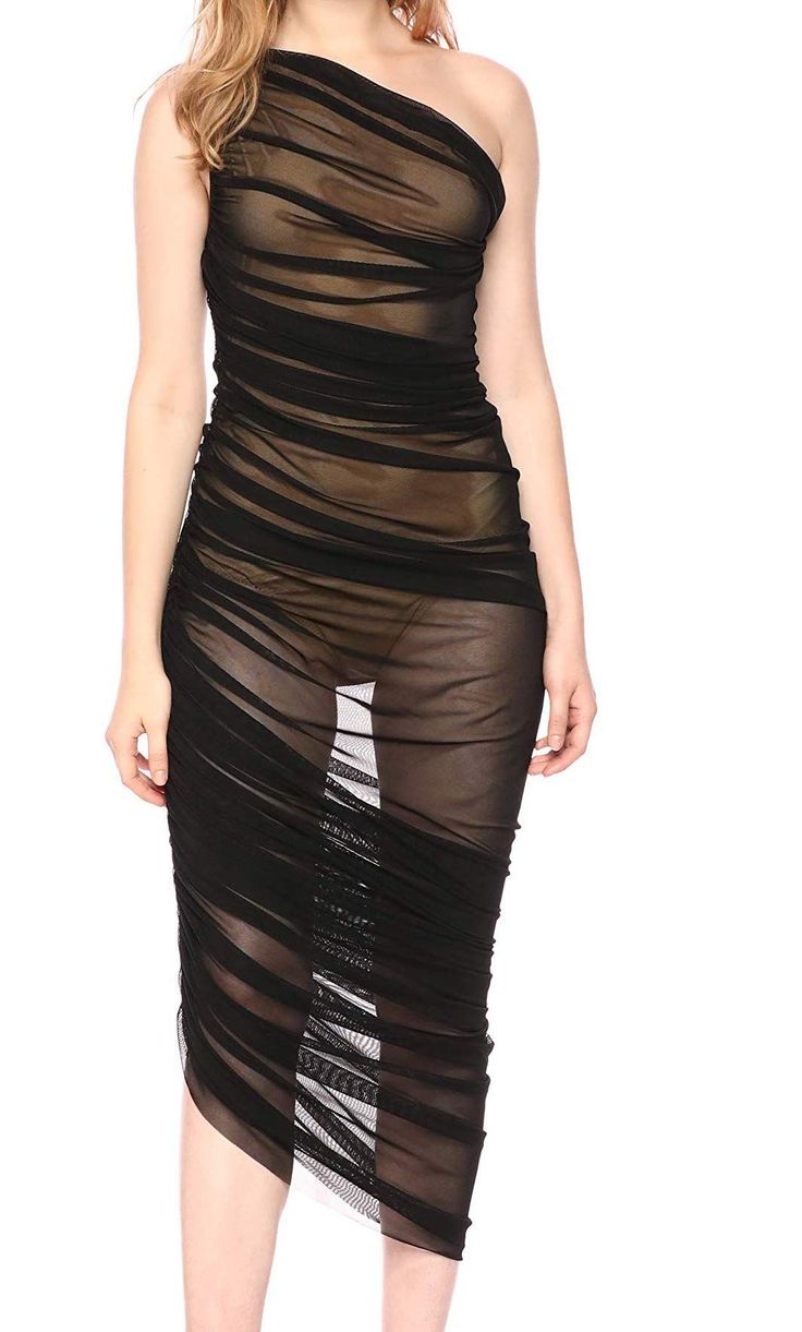 Woman in a sheer black one-shoulder ruched dress