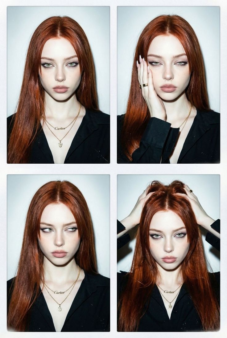 Woman with long red hair in a black shirt, captured in multiple portrait frames