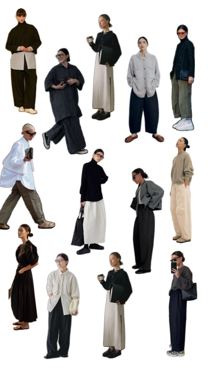 Multiple people showcasing minimalist fashion with wide leg pants and long skirts