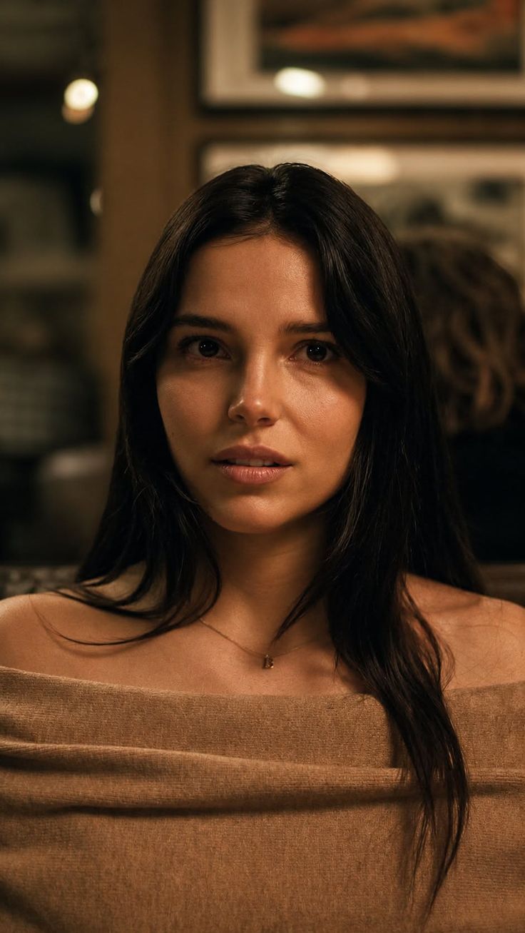 Woman with long dark hair wearing an off-shoulder top and a necklace