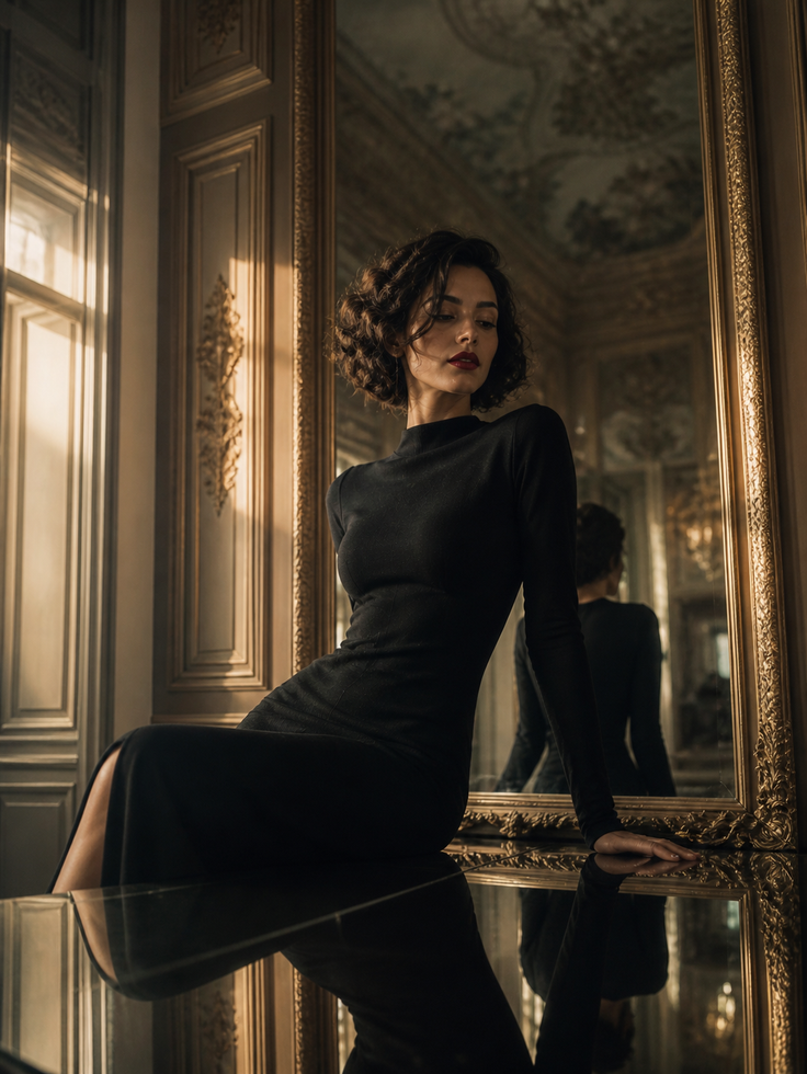 Woman in a black dress sitting on a reflective surface in an ornate room