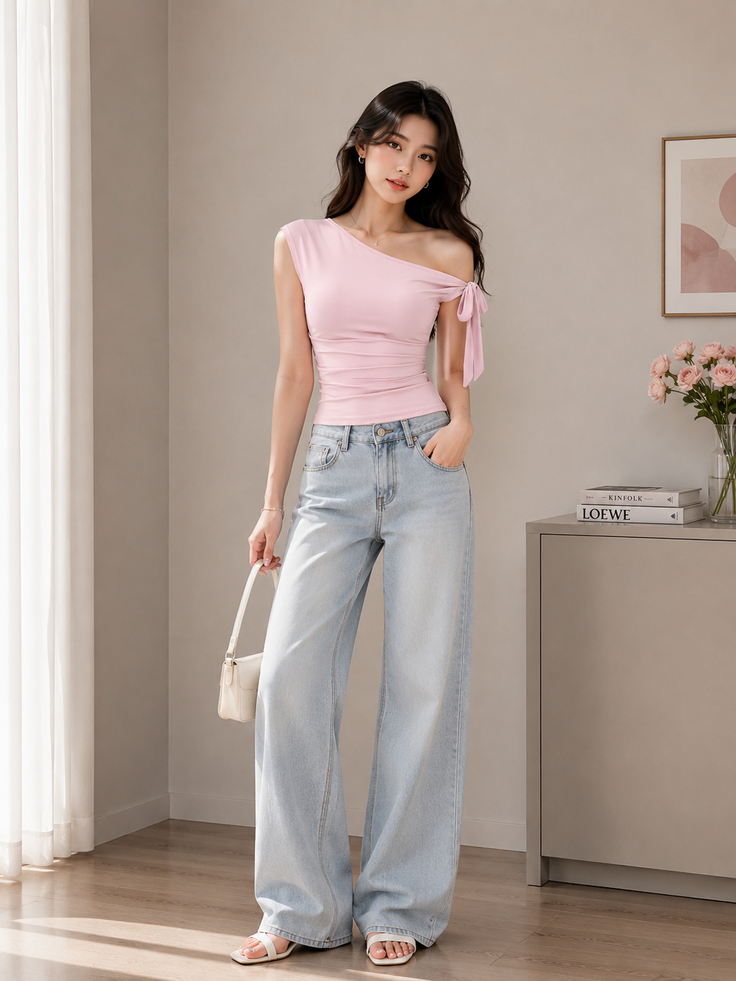 Woman in a pink one-shoulder top and wide-leg jeans holding a white handbag