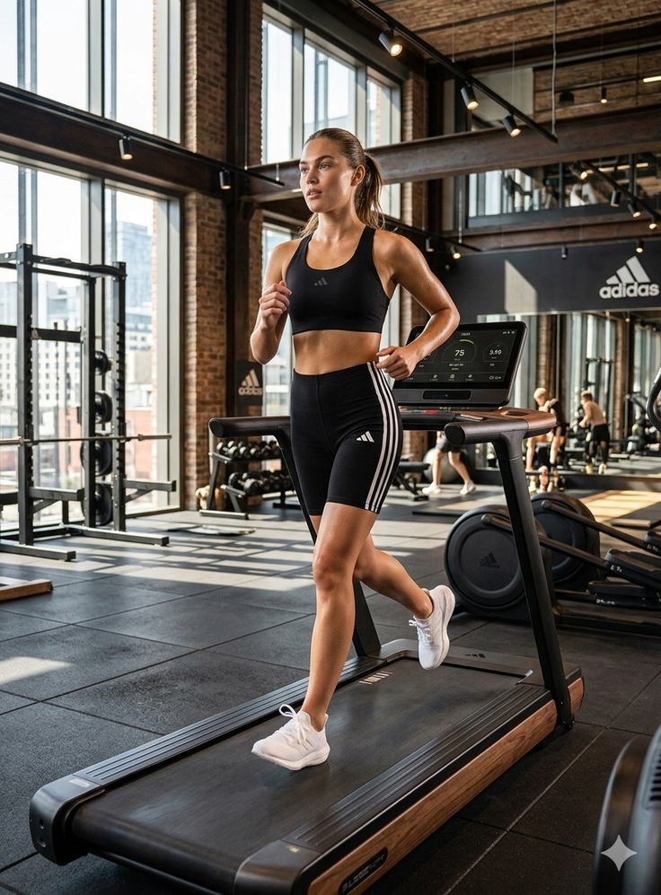 Woman in a black sports bra and shorts running on a treadmill in a gym