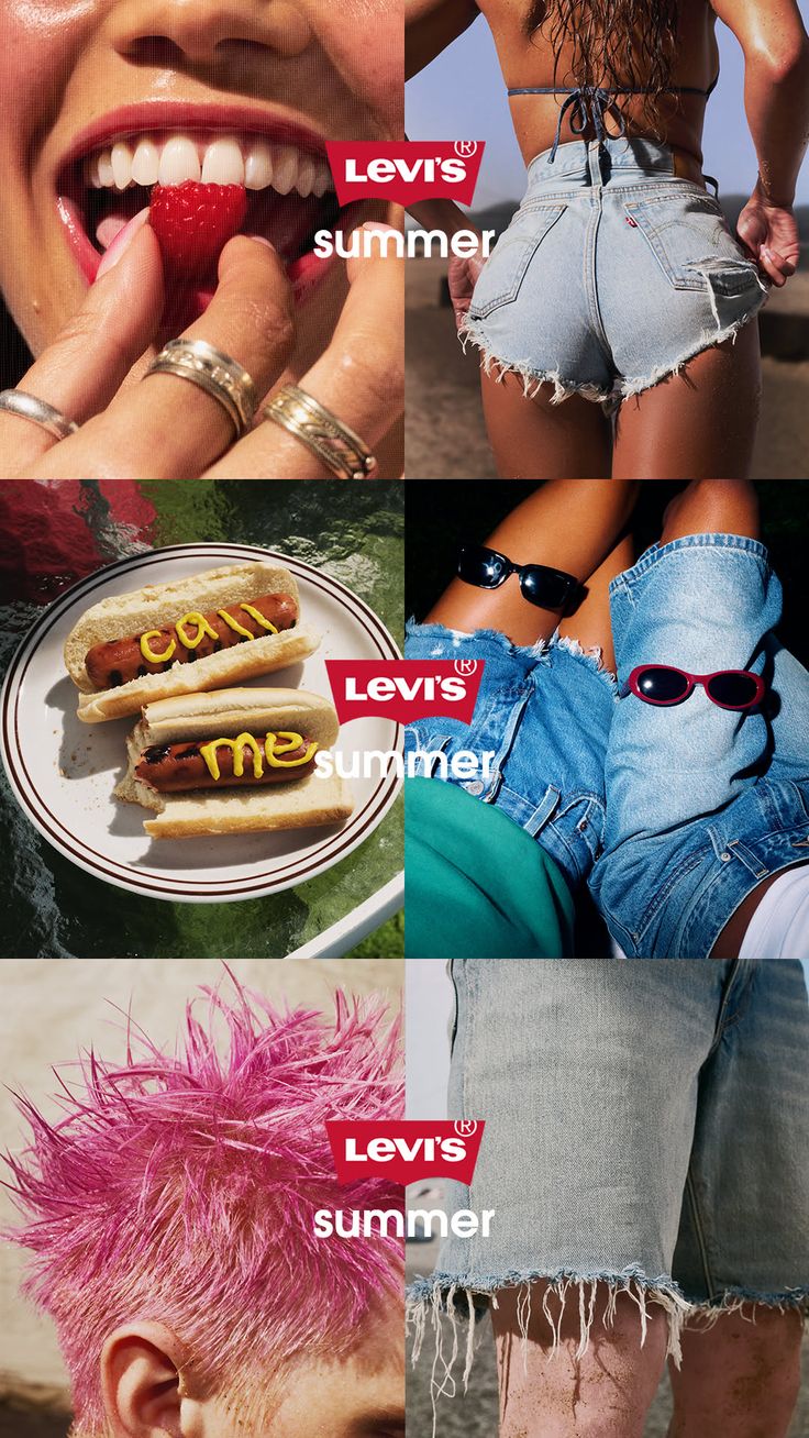 Collage of summer-themed photographs including hot dogs, denim, and people