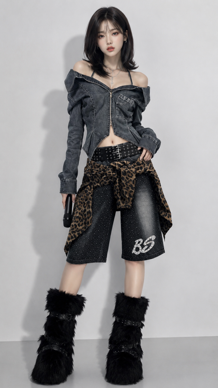 Woman in a denim jacket, leopard print, and fur boots holding a microphone