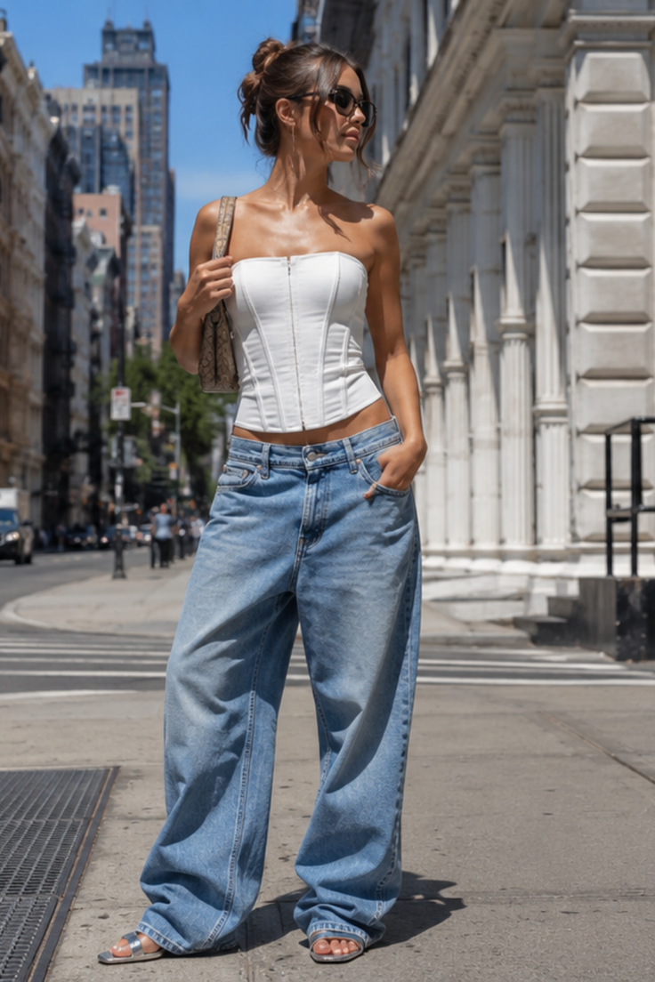 Woman in a white corset and baggy jeans on a city street