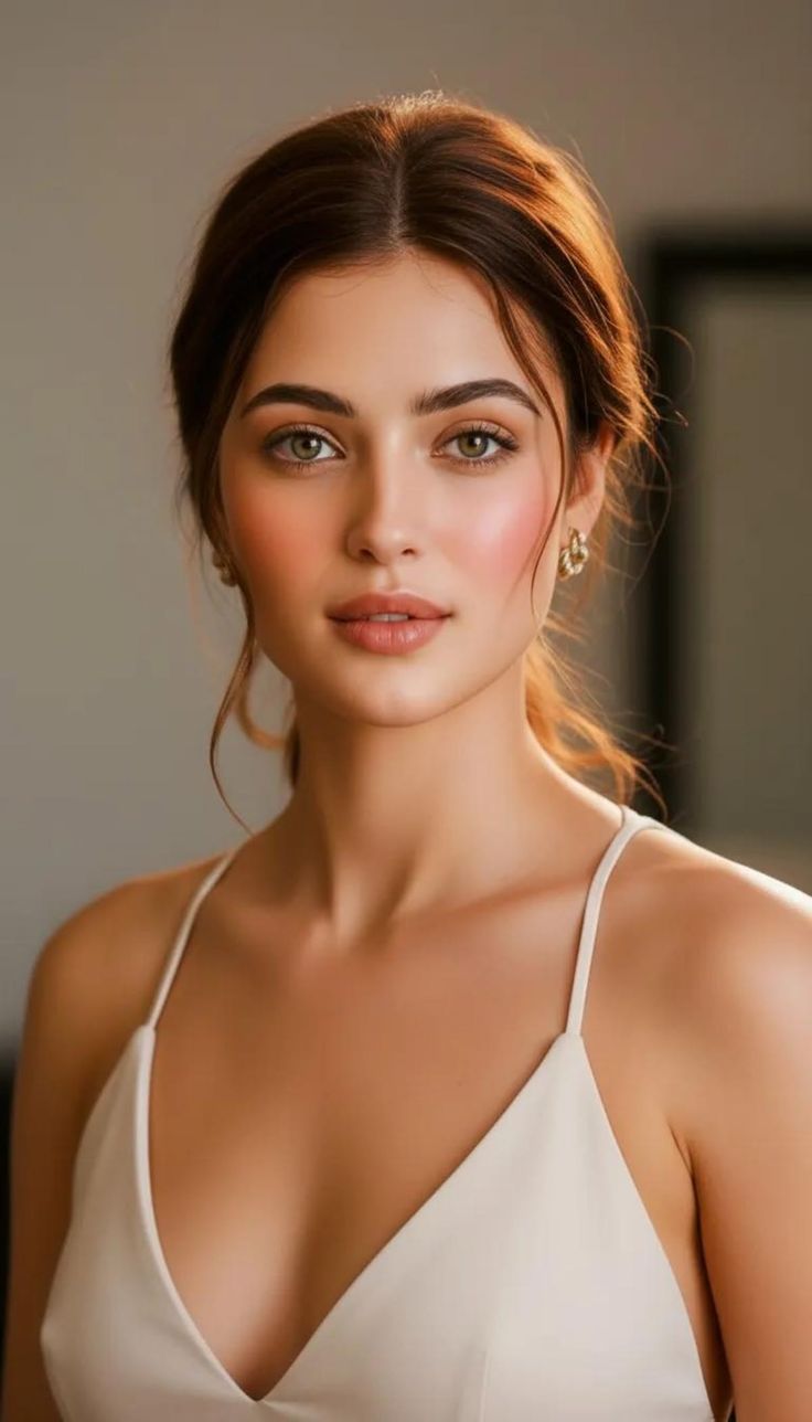 Woman with brown hair in an updo wearing a white top and earrings