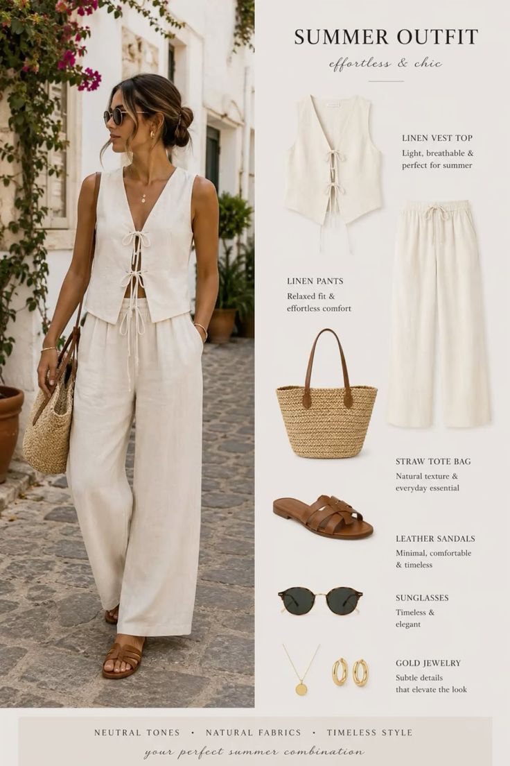 Woman in a linen vest and pants with a straw tote bag and sandals outdoors
