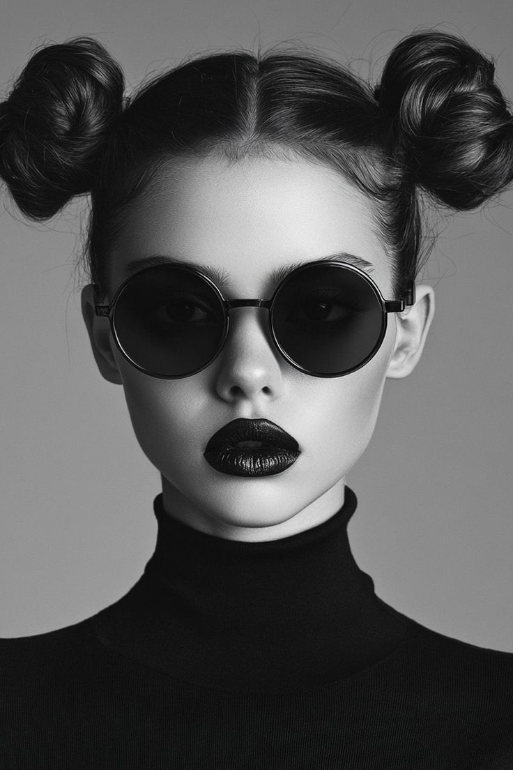 Woman with space buns, round sunglasses, and black lipstick in a turtleneck