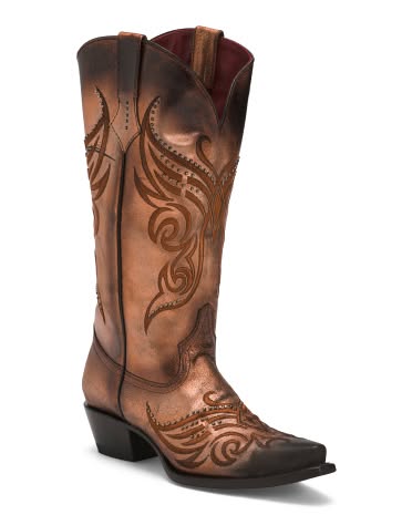 Brown leather cowboy boot with intricate embroidered design and pointed toe