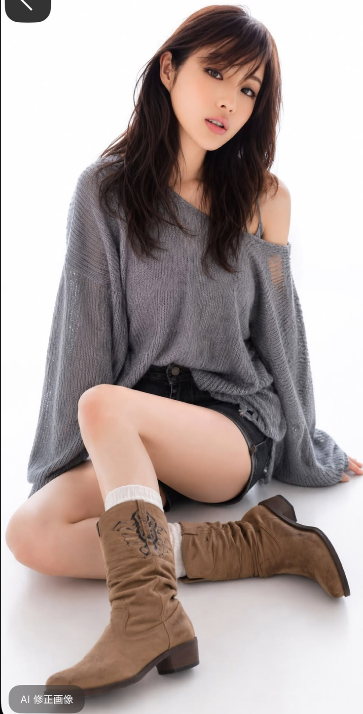 Woman with long hair wearing a gray sweater, short shorts, and cowboy boots