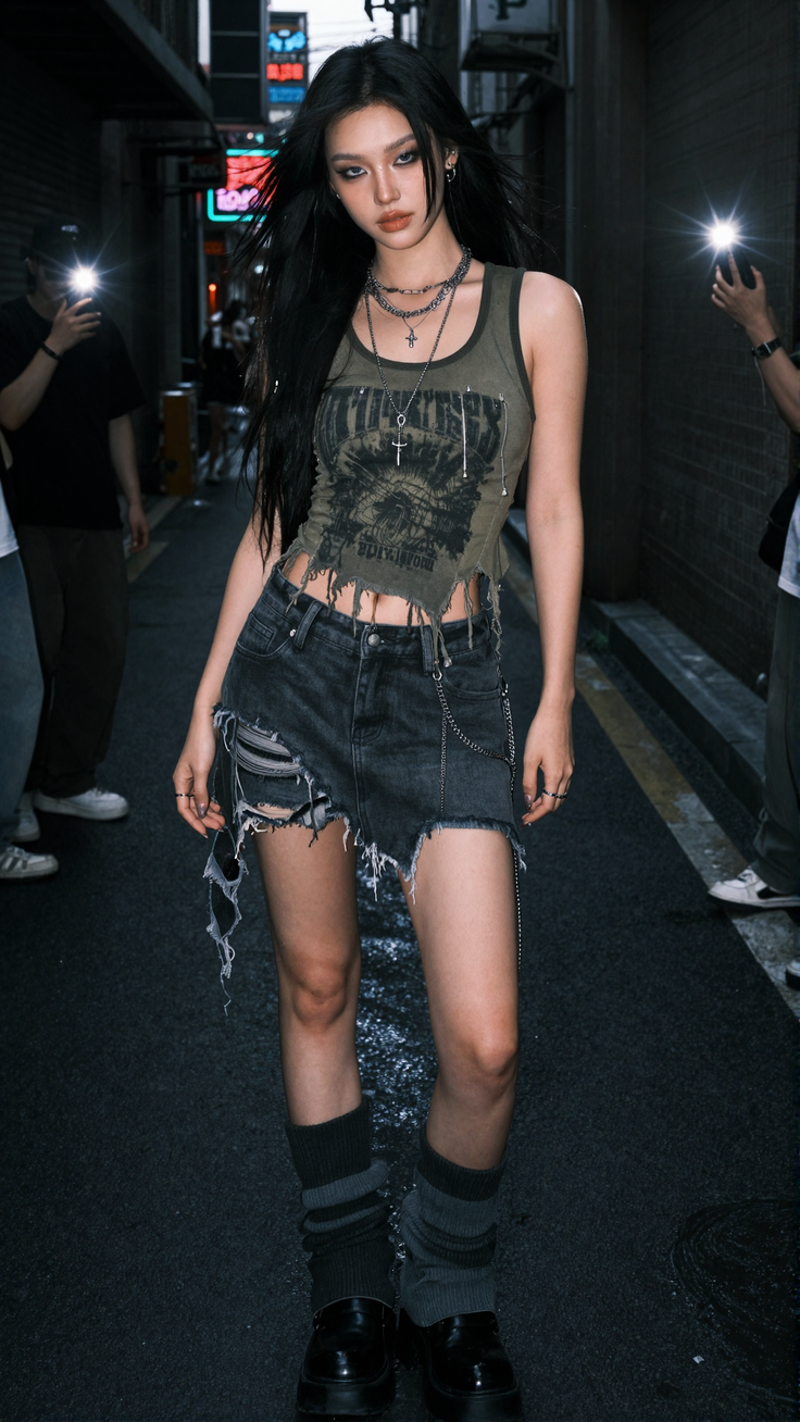 Woman with long black hair in a distressed top and ripped denim skirt on a street