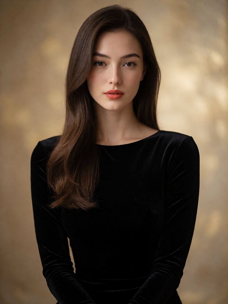 Woman with long dark hair wearing a black velvet dress against a warm background